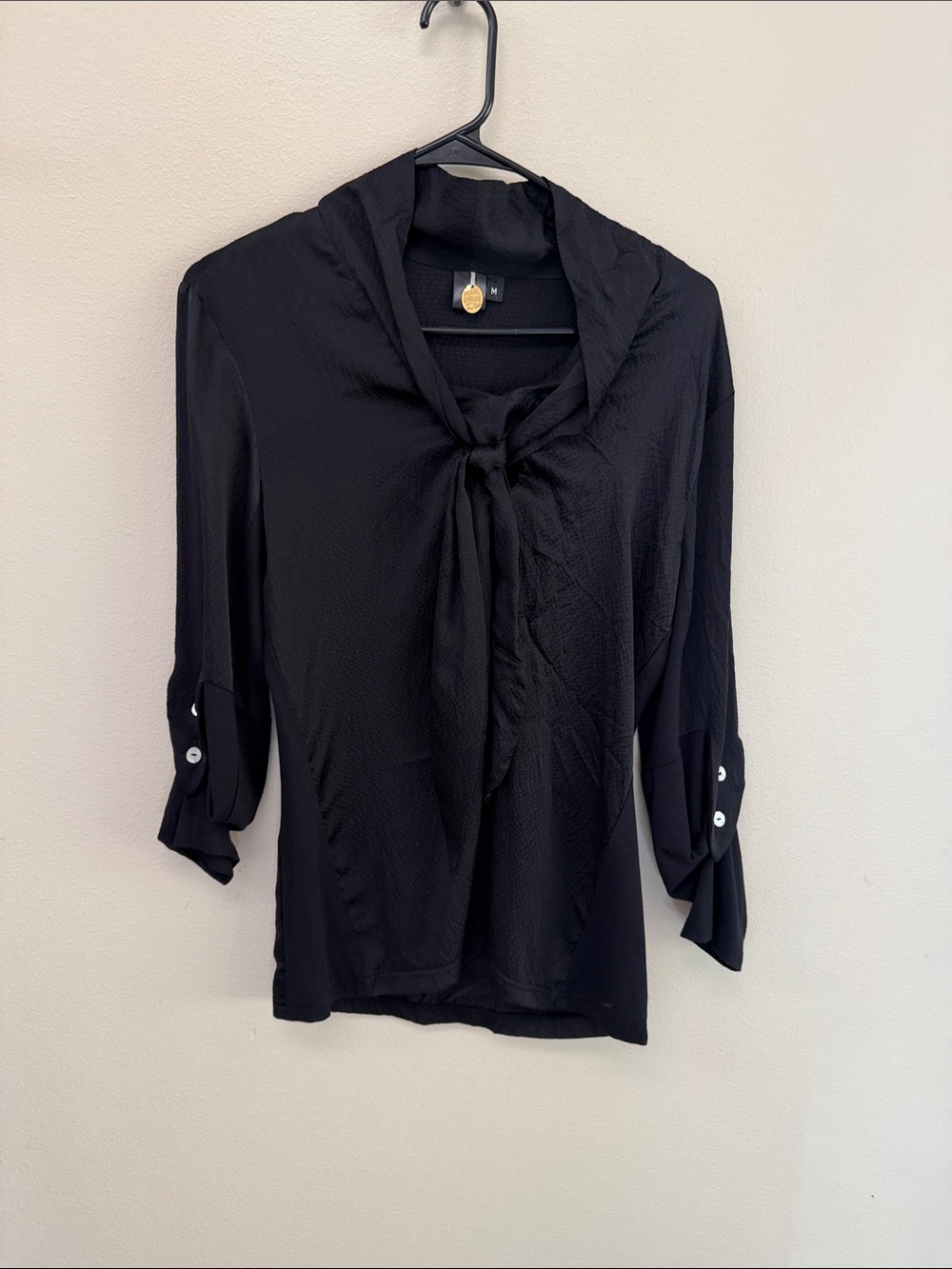Women's Black Tie-Neck Blouse with Roll-Tab Sleeves 100% Silk